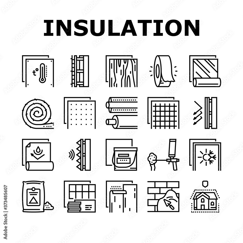 Insulation Building Collection Icons Set Vector. Insulation Roll Material  And Wooden Plywood, Waterproof And Temperature Preservation Layer Black  Contour Illustrations Stock Vector | Adobe Stock