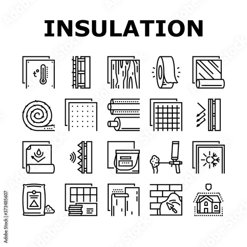 Insulation Building Collection Icons Set Vector. Insulation Roll Material And Wooden Plywood, Waterproof And Temperature Preservation Layer Black Contour Illustrations