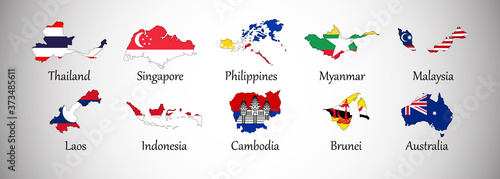 Set of south east Asia country maps with flags isolated on gray background, vector illustration