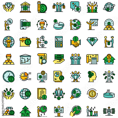 Broker icons set. Outline set of broker vector icons thin line color flat on white
