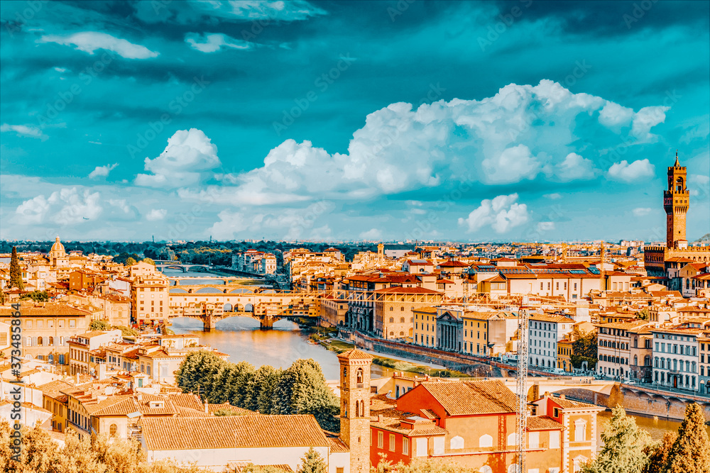 Obraz premium Beautiful landscape above, panorama on historical view of the Florence from Piazzale Michelangelo point. Morning time.