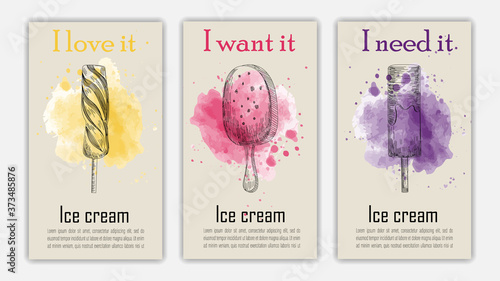 Banner set of vintage hand drawn ice cream backgrounds. Menu for restaurant and cafe