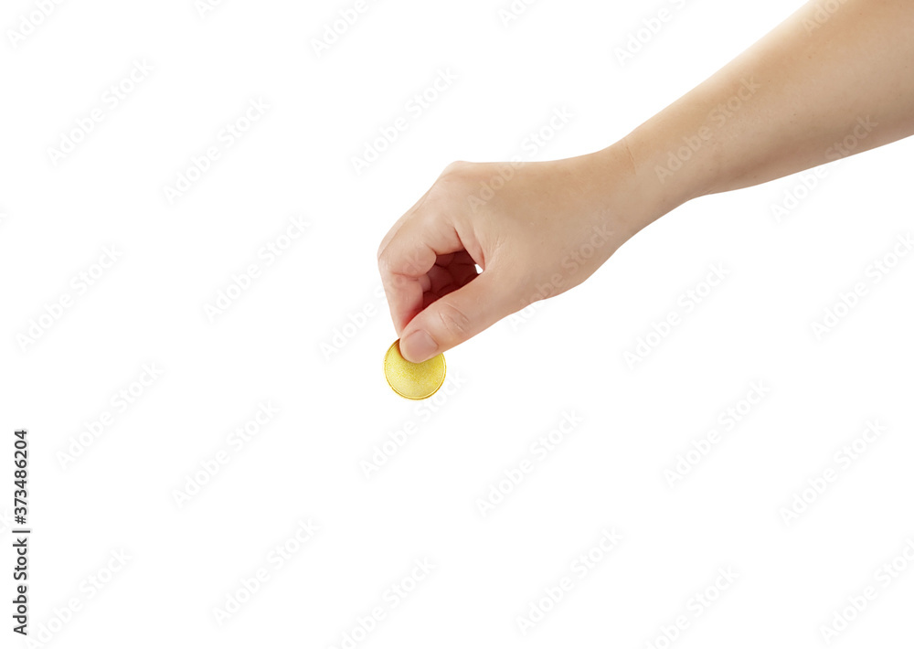 Hand holding gold coin differently on white background Hand holding gold coin differently on white background