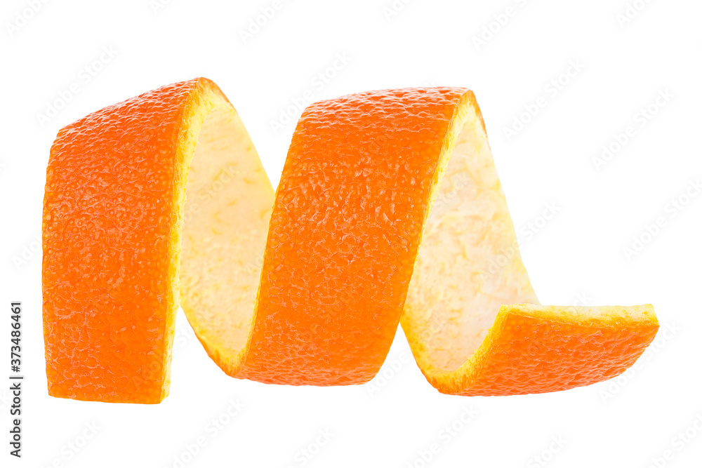 Orange zest isolated on a white background. Curly orange peel. Citron. Orange zest isolated on a white background. Curly orange peel. Citron.