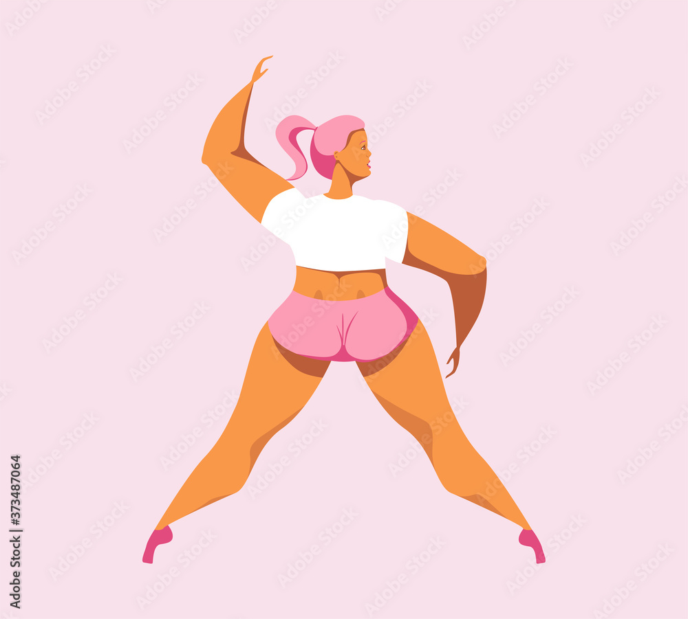 A cute girl in sports shorts and a T-shirt stands back in ballet pose . A young ballerina woman with curvaceous forms is mastering ballet and stands in ballet shoes on tiptoes. Vector flat design A cute girl in sports shorts and a T-shirt stands back in ballet pose . A young ballerina woman with curvaceous forms is mastering ballet and stands in ballet shoes on tiptoes. Vector flat design