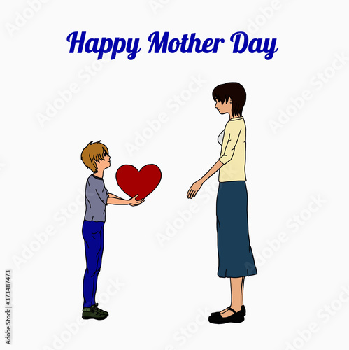 Ein Junge schenk seiner Mutter ein großes Herz über den beiden steht geschrieben Happy Mother Day