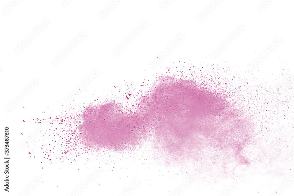 Pink powder explosion on white background. Colored cloud. Colorful dust explode. Paint Holi.