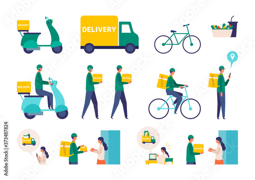 Vector illustration for the online delivery service concept. Truck,  scooter, bicycle and delivery man.