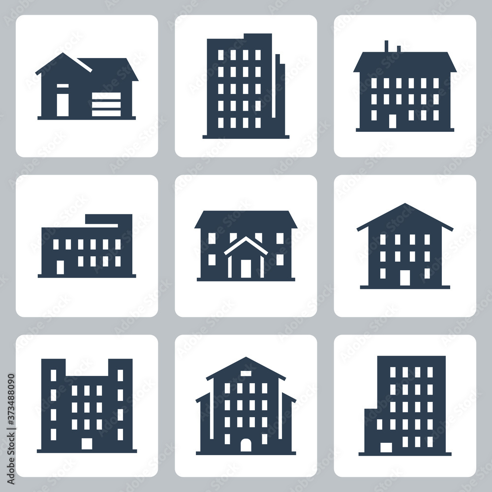 Buildings and Houses Vector Icon Set in Glyph Style