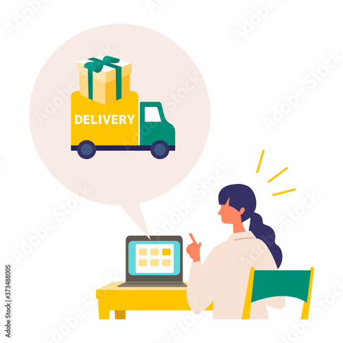Vector illustration for the online delivery service concept. Woman ordered gift on the web site.