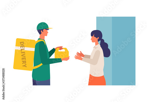 Vector illustration for the online delivery service concept. Woman received her order.