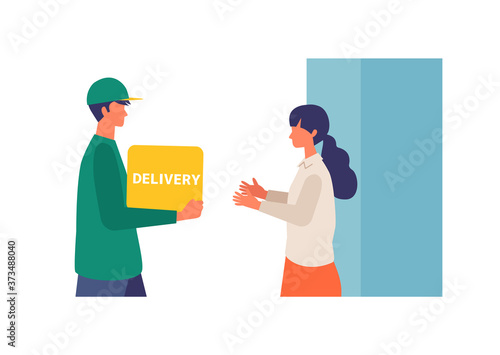 Vector illustration for the online delivery service concept. Woman received courier.