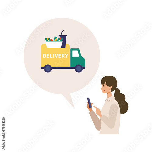 Vector illustration for the online delivery service concept. Woman ordered food on app.
