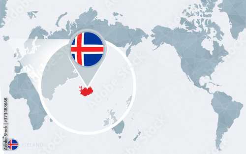 Pacific Centered World map with magnified Iceland. Flag and map of Iceland.
