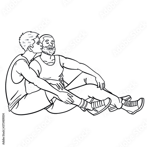 outline comic drawing of a gay men couple hugging and kissing. monochrome.