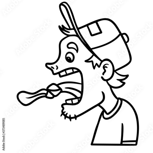 monochrome comic outline drawing of a boy with a knot in his tongue. Tongue-twister.