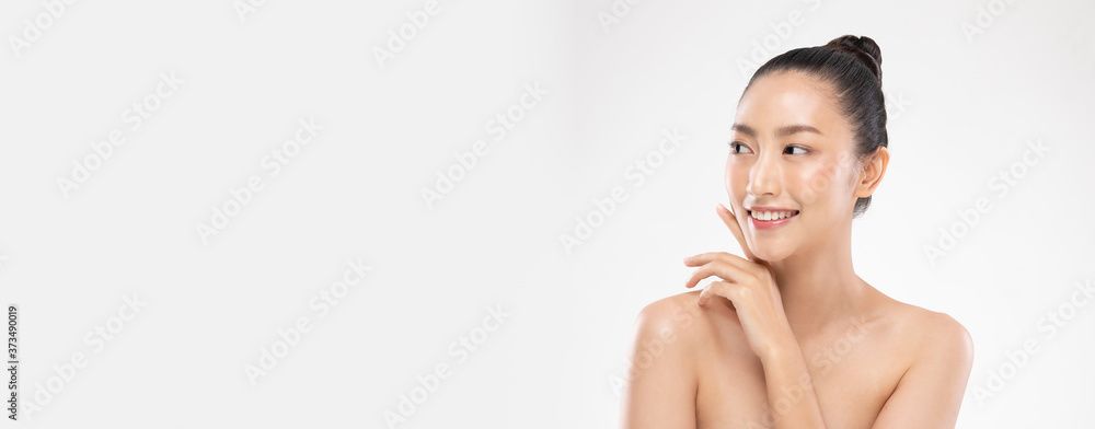 Obraz premium Banner of Beautiful Asian woman touching soft cheek smile with clean and fresh skin Happiness and cheerful with positive emotional,isolated on white background,Beauty and Cosmetics Concept