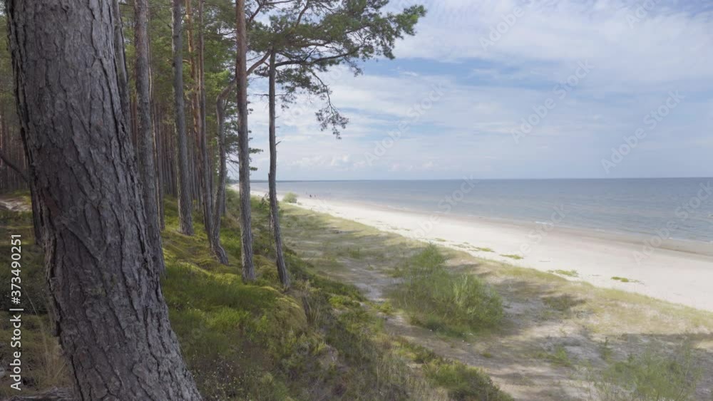 Walk in the Baltic pine dunes in spring. People walk on a sunny day in late summer along a long narrow sandy beach. Slow dune, Ragaciems. National park. Latvia Walk in the Baltic pine dunes in spring. People walk on a sunny day in late summer along a long narrow sandy beach. Slow dune, Ragaciems. National park. Latvia