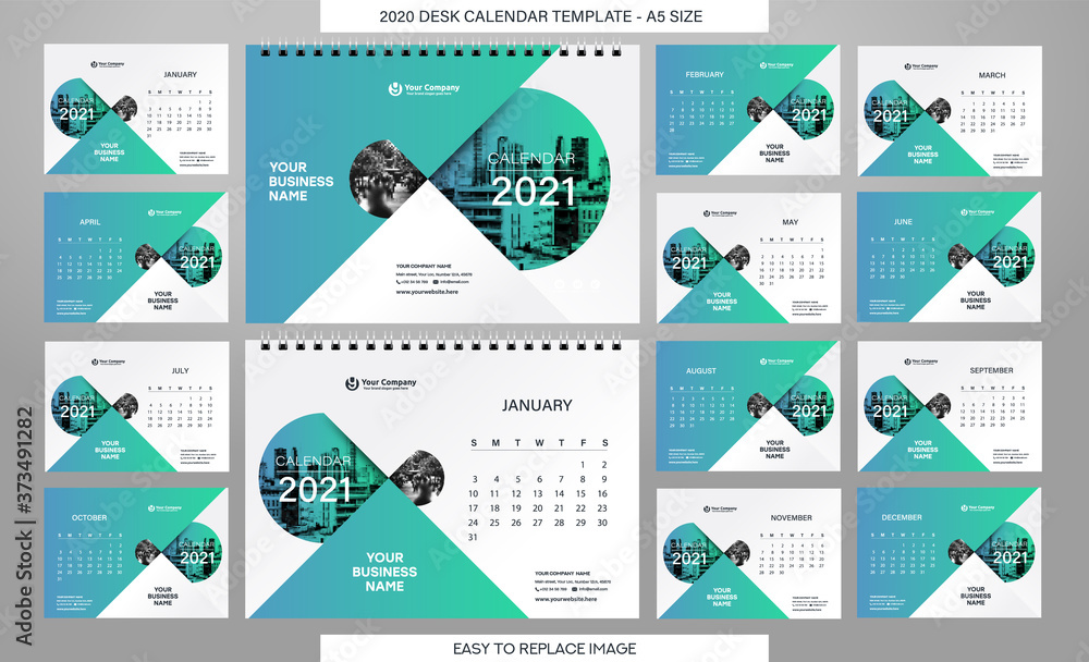 Desk Calendar 2021 template - 12 months included - A5 Size Desk Calendar 2021 template - 12 months included - A5 Size