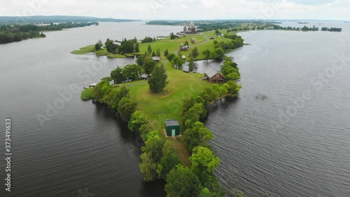 Aerial view panorama of Kizhi island. Onega lake, Karelia, Russia.
