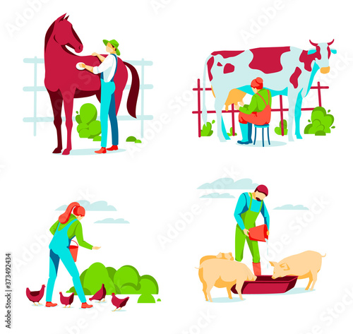 People taking care of animals on farm. Male and female farm workers grooming, feeding and milking. Livestock agricultural industry. Eco farming and agriculture concept flat vector illustration