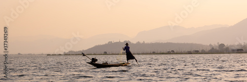 Intha traditional leg rowing fisherman on Inle lake, Burma, Myanmar