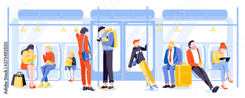 Passengers in subway train. People activities at public transport. Commuters using their mobile devices. Subway train interior with sitting and standing people cartoon vector illustration