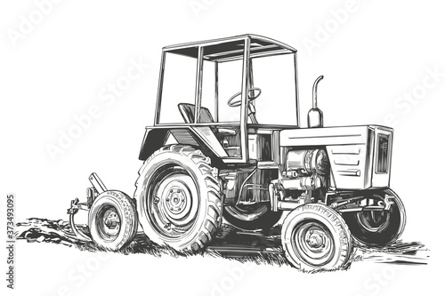 Farm tractor hand drawn vector illustration sketch