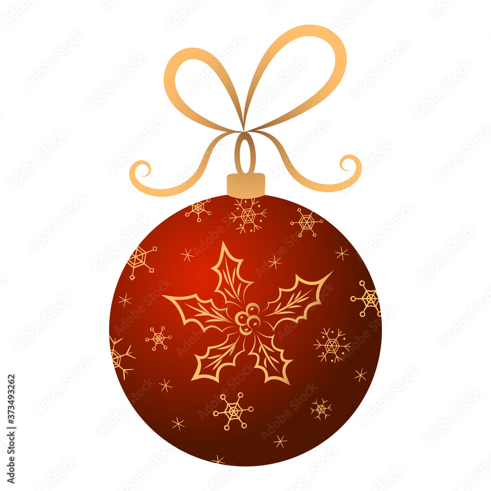 Christmas ball of red color with a gold patterned holly and snowflakes. Decoration. Merry Christmas. Happy New Year. Isolated object white background. Stock vector illustration. Template. Christmas ball of red color with a gold patterned holly and snowflakes. Decoration. Merry Christmas. Happy New Year. Isolated object white background. Stock vector illustration. Template.