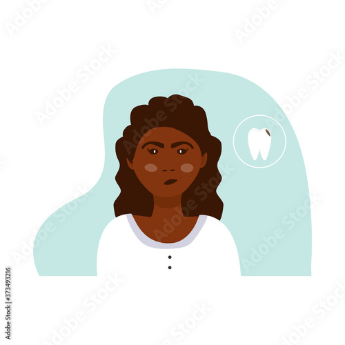  A girl with dark hair is depicted on a blue background. She has a displeased face because of a toothache. For stomatological brochures, advertising of dental services.