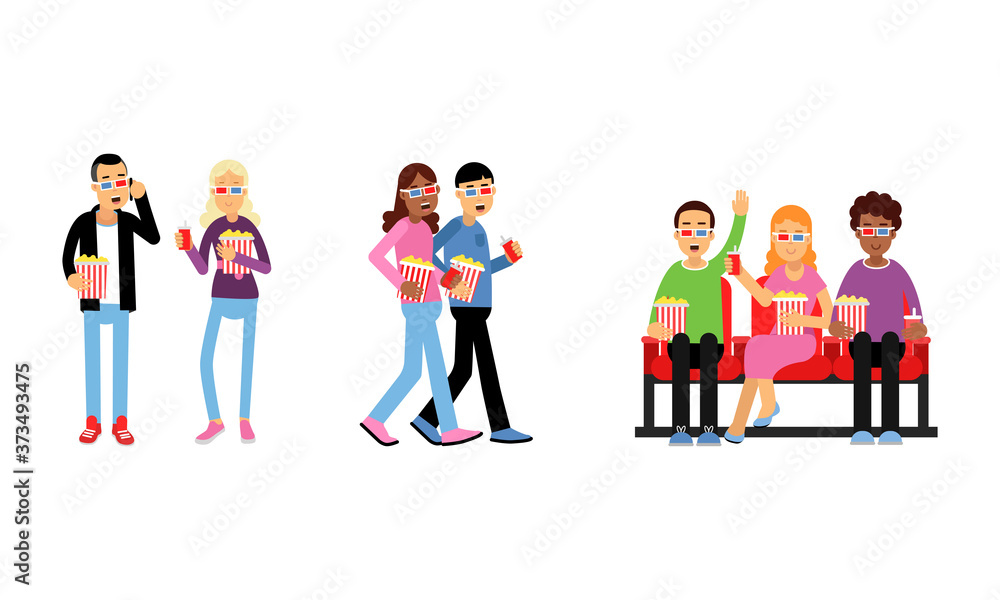 People Characters Holding Popcorn and Watching Movie in Cinema Vector Illustration Set People Characters Holding Popcorn and Watching Movie in Cinema Vector Illustration Set