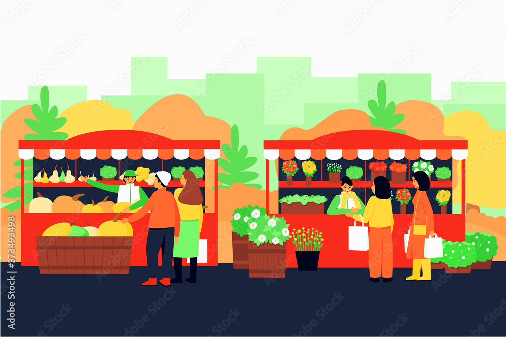 Autumn fair with vegetable and flower stalls. Autumn street with stalls. Shoppers buy goods at stalls. Colorful autumn season. Flat vector illustration.