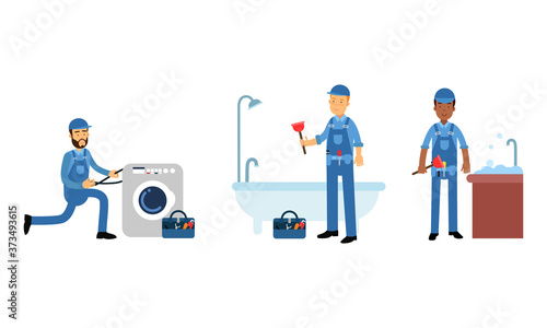 Young Man Plumber Wearing Blue Overall Fixing Sanitary Ware Vector Illustration Set