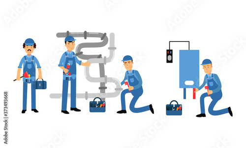 Young Man Plumber Wearing Blue Overall Fixing Tubes and Pipe Lines Vector Illustration Set