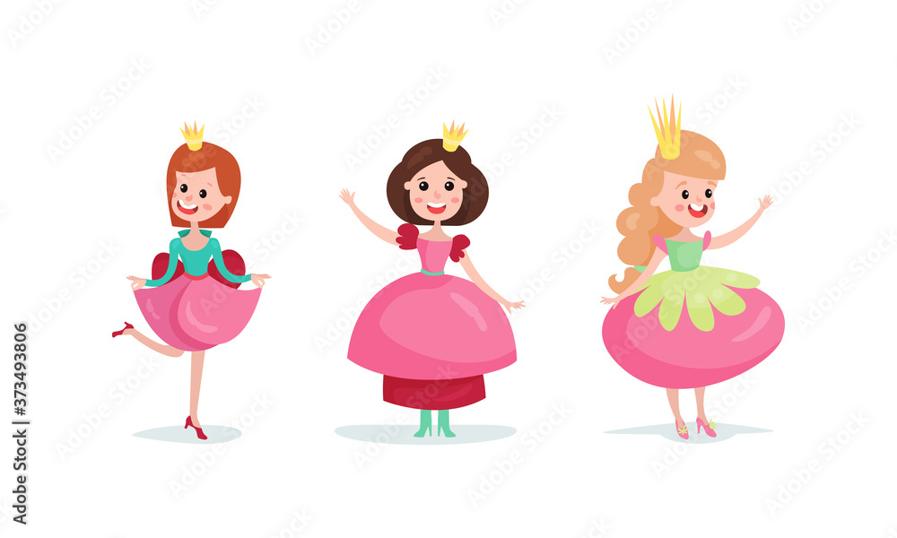 Smiling Girl Princess Wearing Crown and Dressy Look Garment Vector Illustration Set Smiling Girl Princess Wearing Crown and Dressy Look Garment Vector Illustration Set
