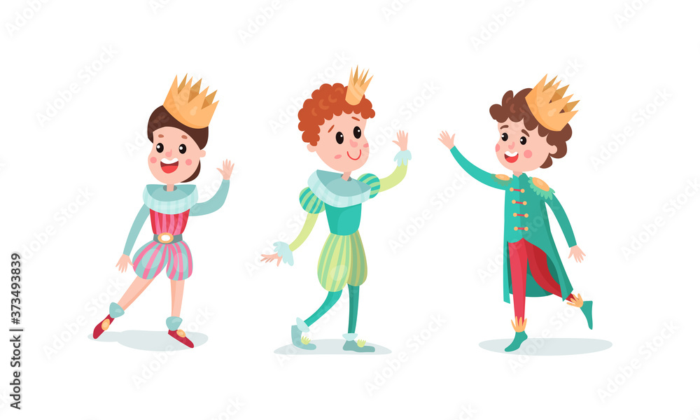 Smiling Little Prince with Golden Crown Wearing Carnival Suit Vector Illustration Set Smiling Little Prince with Golden Crown Wearing Carnival Suit Vector Illustration Set