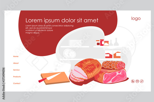 Meat products landing page template. Butchery shop fresh meat assortment of butchery shop, online store website, homepage. Food market or delivery service design vector illustration