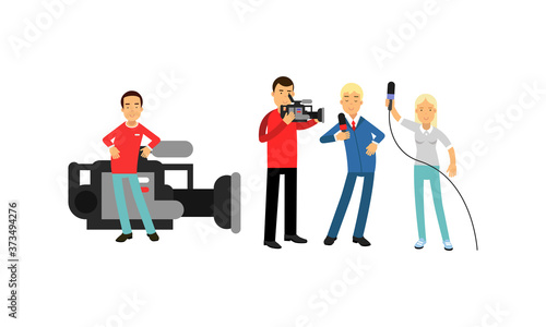 Professional Cameraman And Journalist or News Reporter from TV Broadcast as News Program Crew Vector Illustration Set