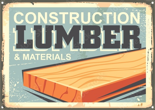 Construction lumber sign design in retro style. Poster with blue background and plank in the middle.