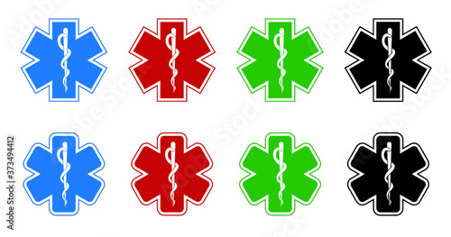 Medical symbol of the emergency star of life icons Funny vector caduceus signs Doctor esculaap icon Drugstor Ppharmacy pharma sign Aesculapius or asclepius Snake staff plus medic cup Health store shop