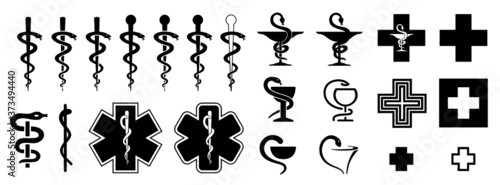 Medical symbol of the emergency star of life icons Funny vector caduceus signs Doctor esculaap icon Drugstor Ppharmacy pharma sign Aesculapius or asclepius Snake staff plus medic cup Health store shop