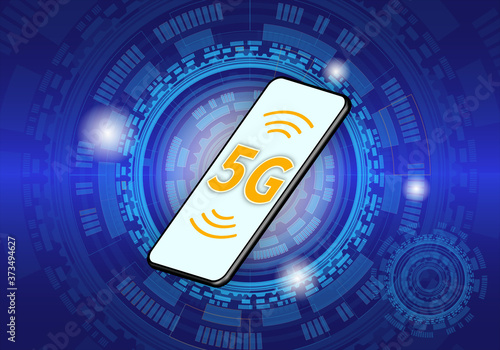 Realistic 3D smartphone illustration, with 5G on screen. On complex technology background. Vector Illustration.