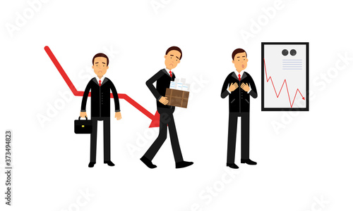 Young Businessman Depressed Because of Economic Downfall and Regression Vector Illustration Set