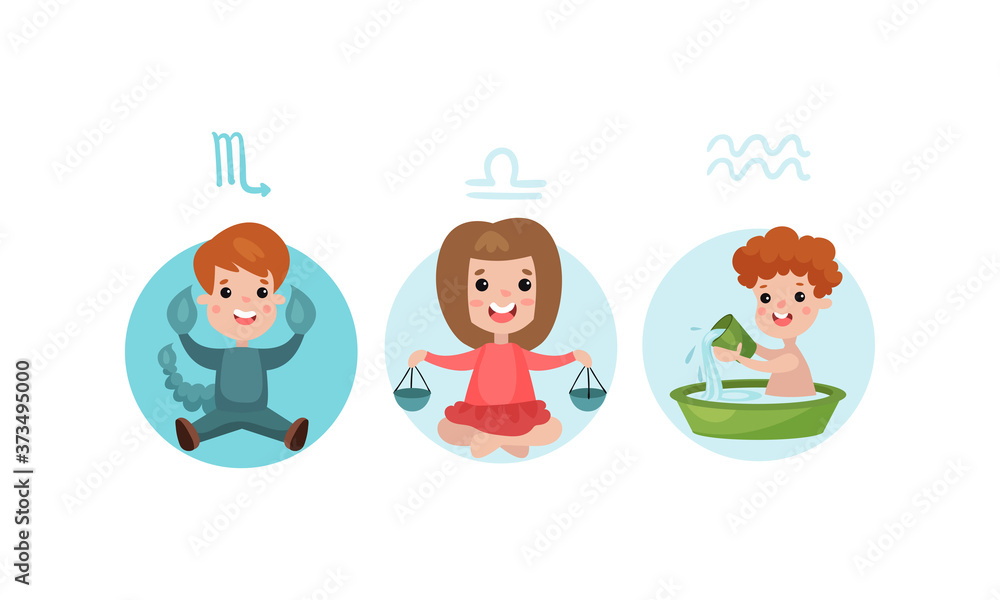 Cute Kid Characters Depicting Zodiac Sign or Astrological Sign Vector Illustration Set Cute Kid Characters Depicting Zodiac Sign or Astrological Sign Vector Illustration Set