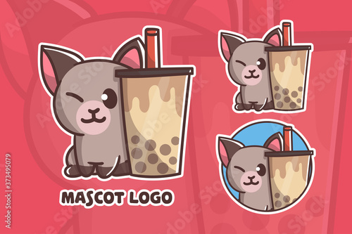 set of cute boba cat mascot logo with optional appearance. premium kawaii vector
