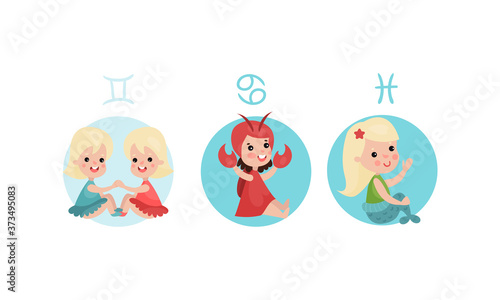 Cute Kid Characters Depicting Zodiac Sign or Astrological Sign Vector Illustration Set