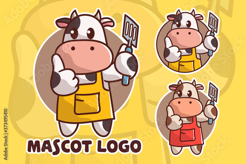 set of cute cow mascot logo with optional appearance. premium kawaii vector
