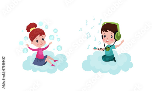 Smiling Kids Sitting on Soft Cloud and Doing Different Things Vector Illustration Set