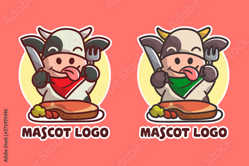 set of cute cow steak mascot logo with optional appearance. premium kawaii vector
