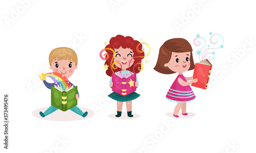 Little Boy and Girl Characters Holding Open Book and Reading Vector Illustration Set